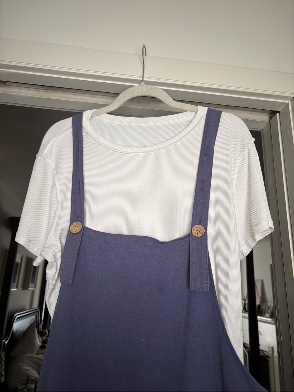 White Rib Tee with lavender overalls